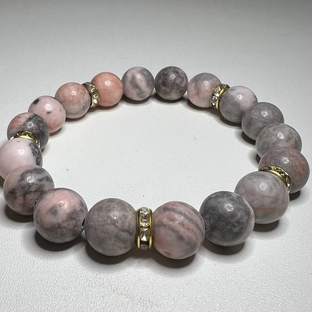Vintage‎ Natural Pink Zebra Jasper, Crystal & Rhinestone Stretch Beaded Bracelet